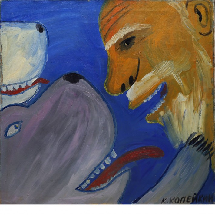 Белка и Стрелка и дух академика Павлова в космосе. 70х69, х/м., 2000